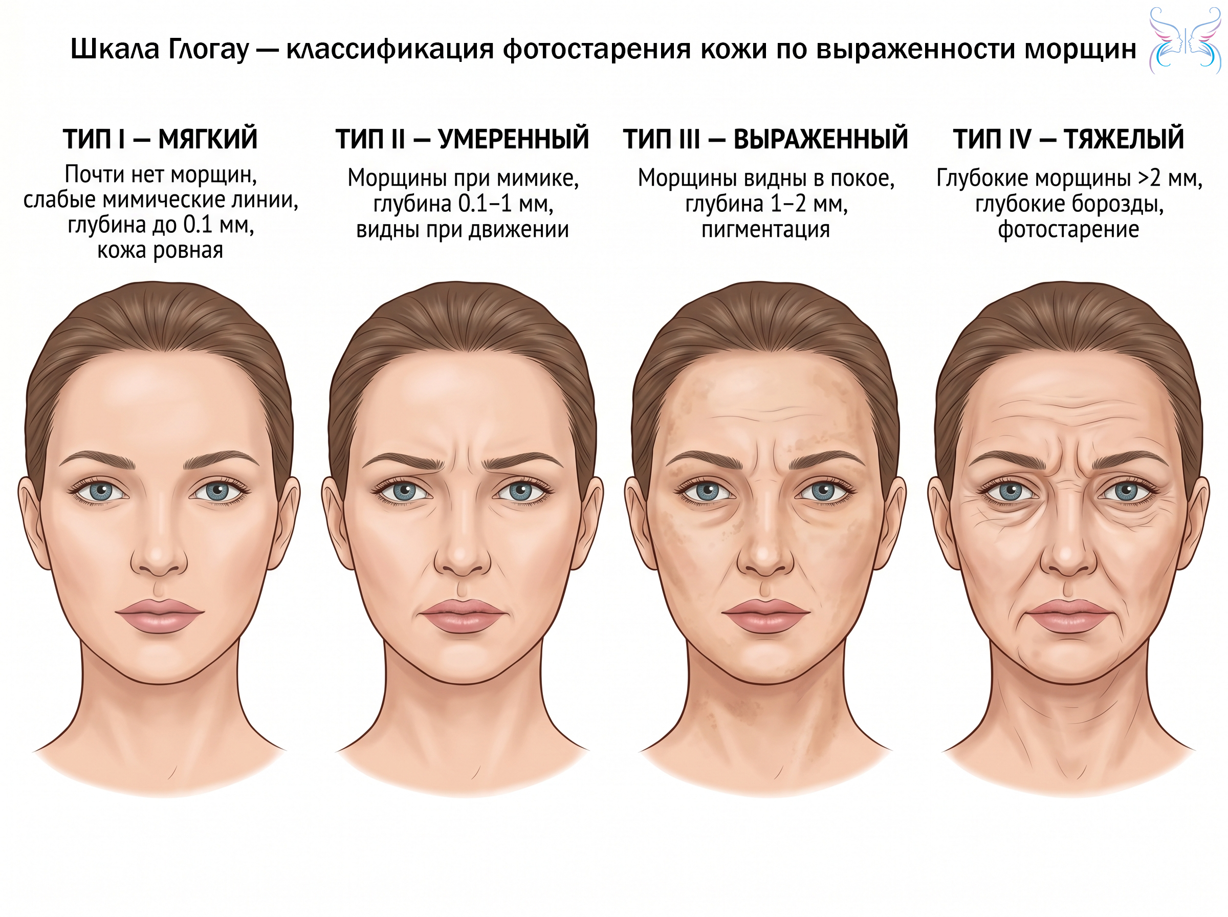 Шкала Глогау — это классификация фотостарения кожи по выраженности морщин