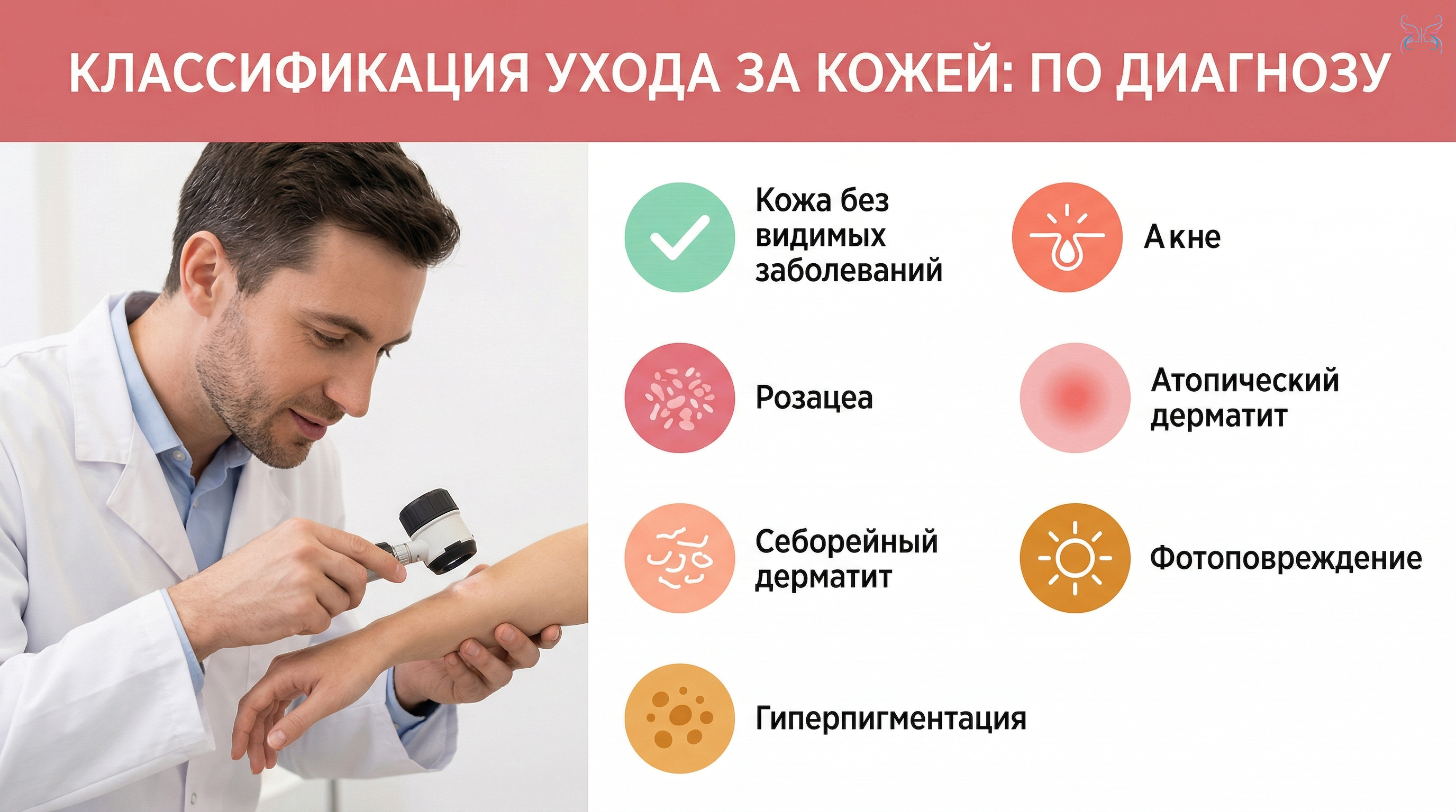 По диагнозу: кожа без видимых заболеваний, кожа с акне, розацеа, атопическим дерматитом, себорейным дерматитом, фотоповреждением