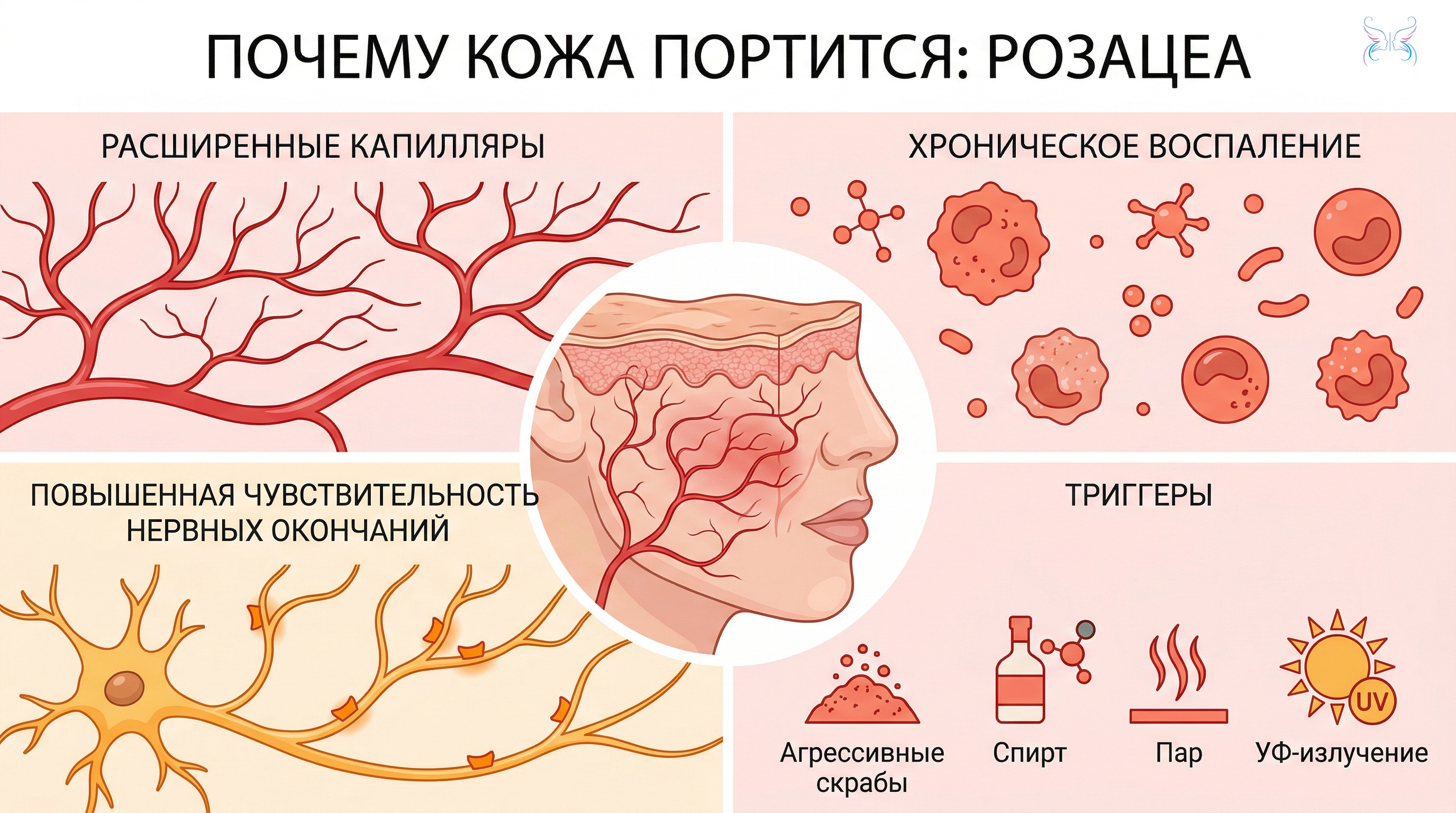 При розацеа и синдроме чувствительной кожи ведущими механизмами являются сосудистая реактивность, хроническое воспаление и повышенная чувствительность нервных окончаний, поэтому агрессивные скрабы, спирт и пар усугубляют жжение и покраснение.
