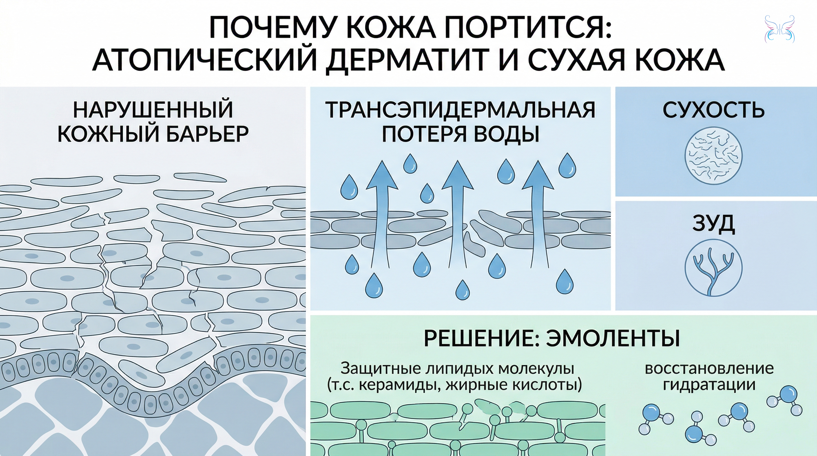 При атопическом дерматите и просто очень сухой коже нарушен кожный барьер, усиливается трансэпидермальная потеря воды, что вызывает сухость, зуд и склонность к воспалению