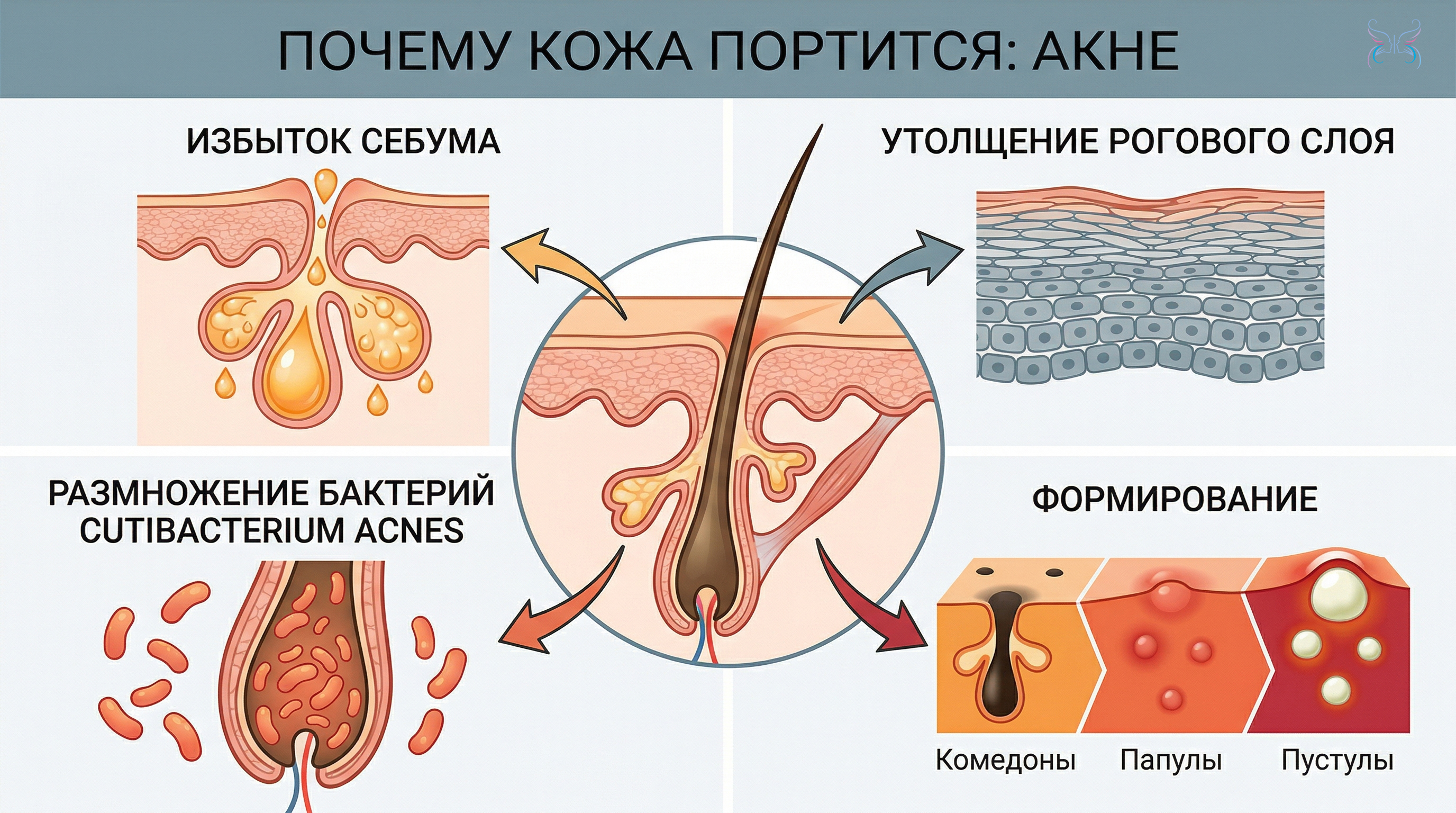 При акне избыток себума, утолщение рогового слоя и размножение Cutibacterium acnes в фолликулах приводят к формированию комедонов и воспалительных папул и пустул